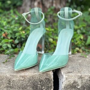 Aldo Green Heels with Glossy Finish and Transparent Strap